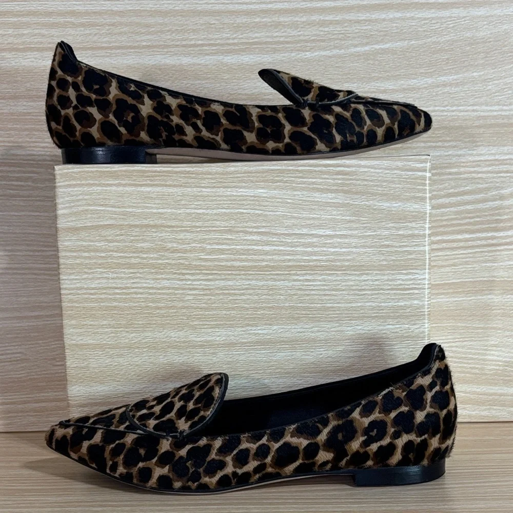 M.Gemi Leopard Calf Hair Loafers Pointed Toe Italy Luxe Chic 37